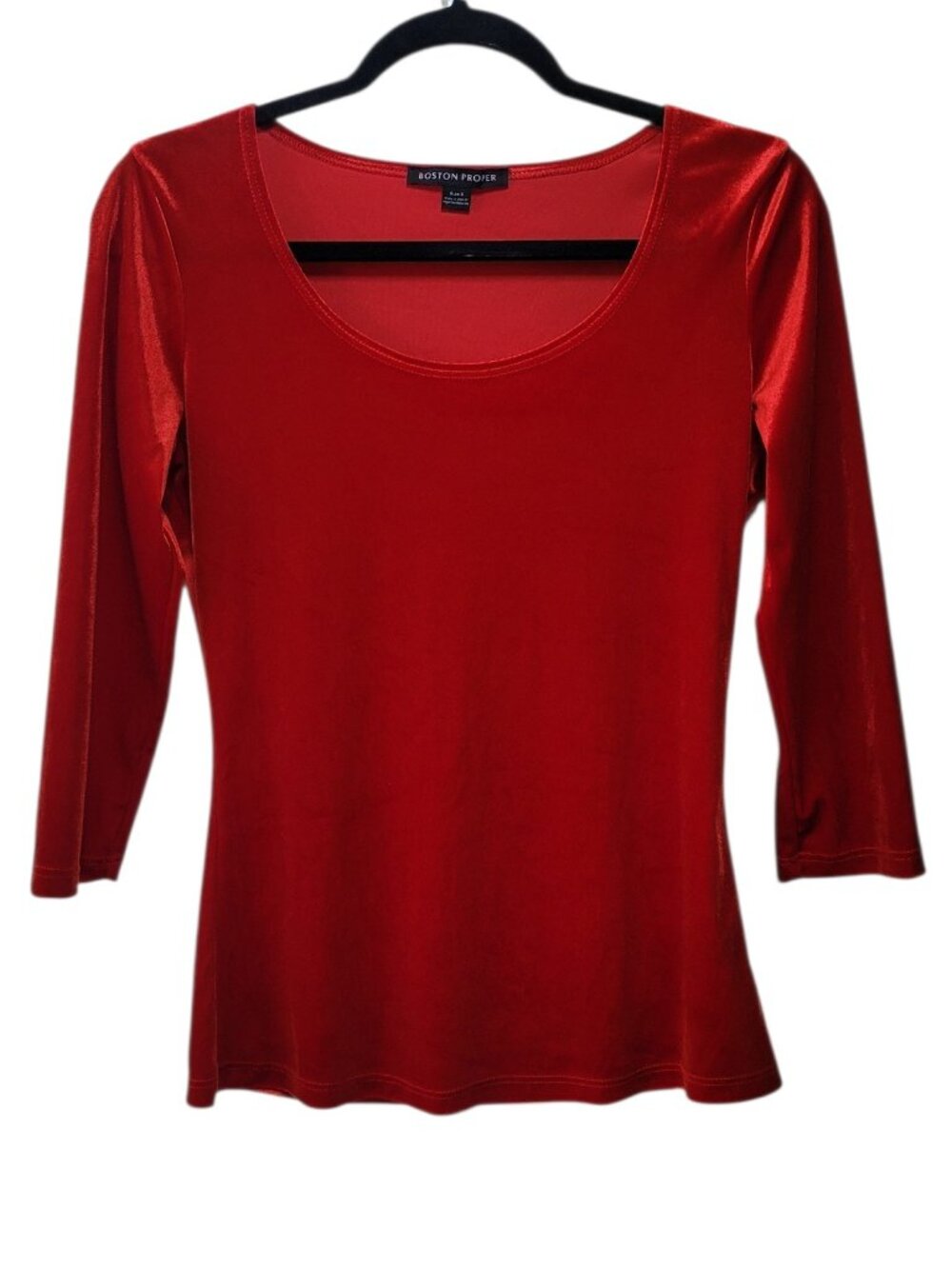 Boston Proper Red Velvet Scoop Neck 3/4 Sleeve Top Small Stretch Blouse Holiday